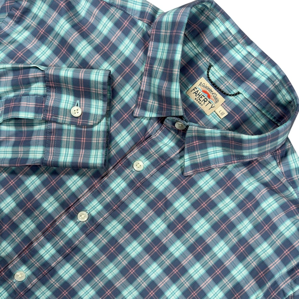 Faherty Movement Shirt Mens L Blue Plaid Button Down Long Sleeve Lightweight